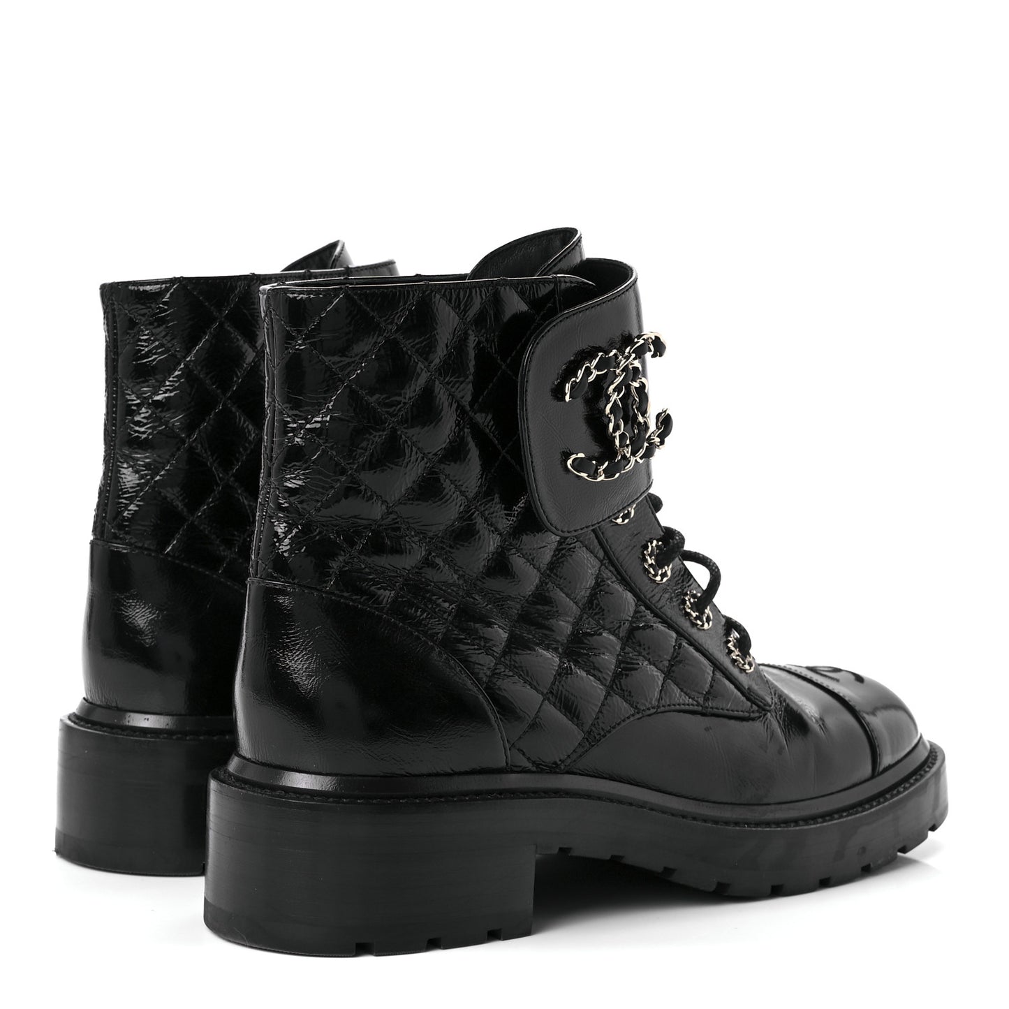 Shiny Lambskin Quilted Lace Up Combat Boots 40 Black