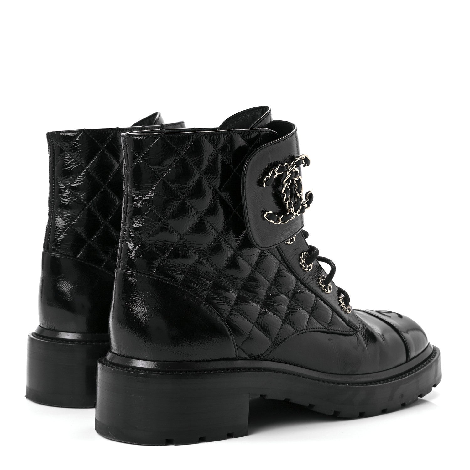 Chanel Shiny Lambskin Quilted Lace Up Combat Boots 40 Black 4 of 11