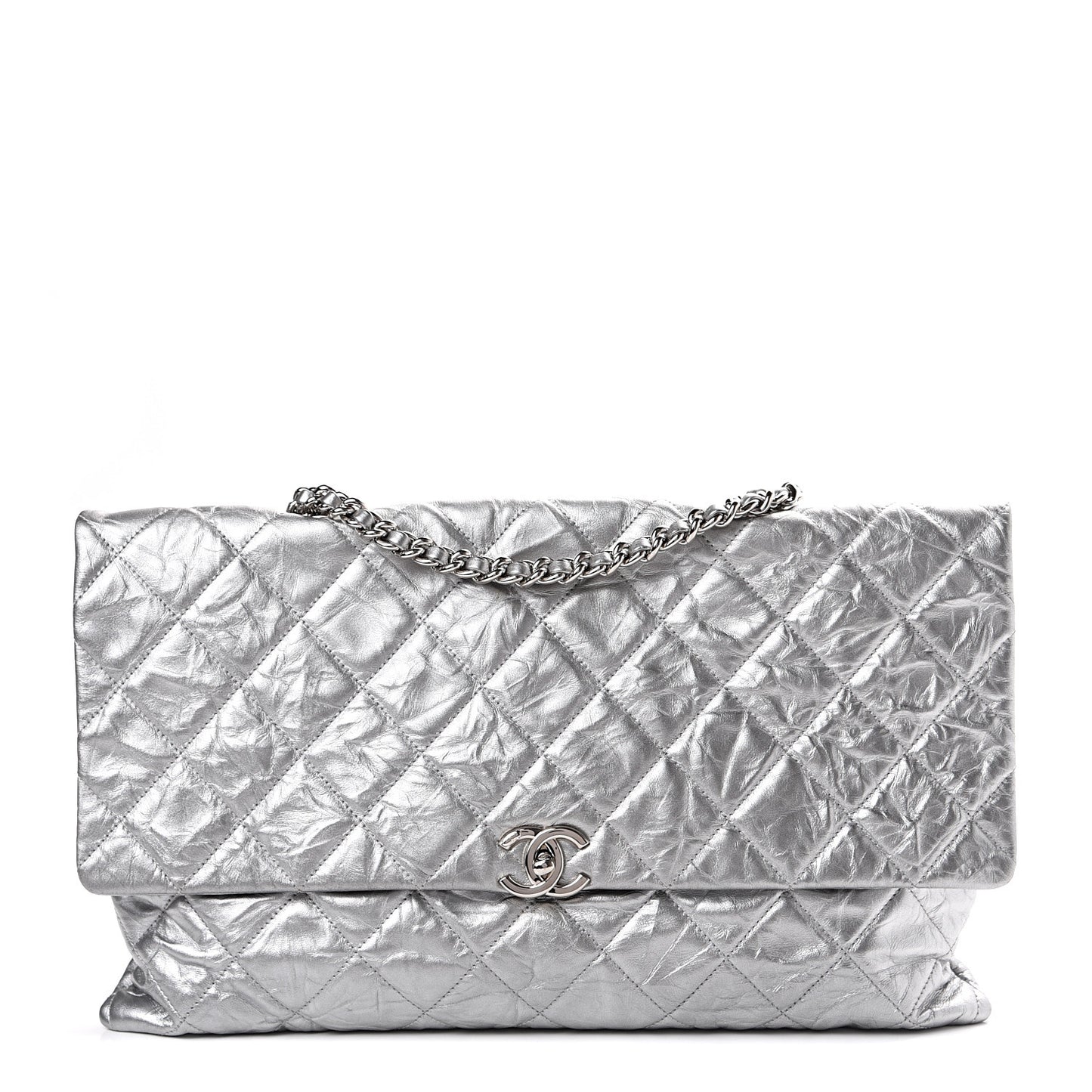 Metallic Crumpled Calfskin Big Bang Large Flap Bag Silver