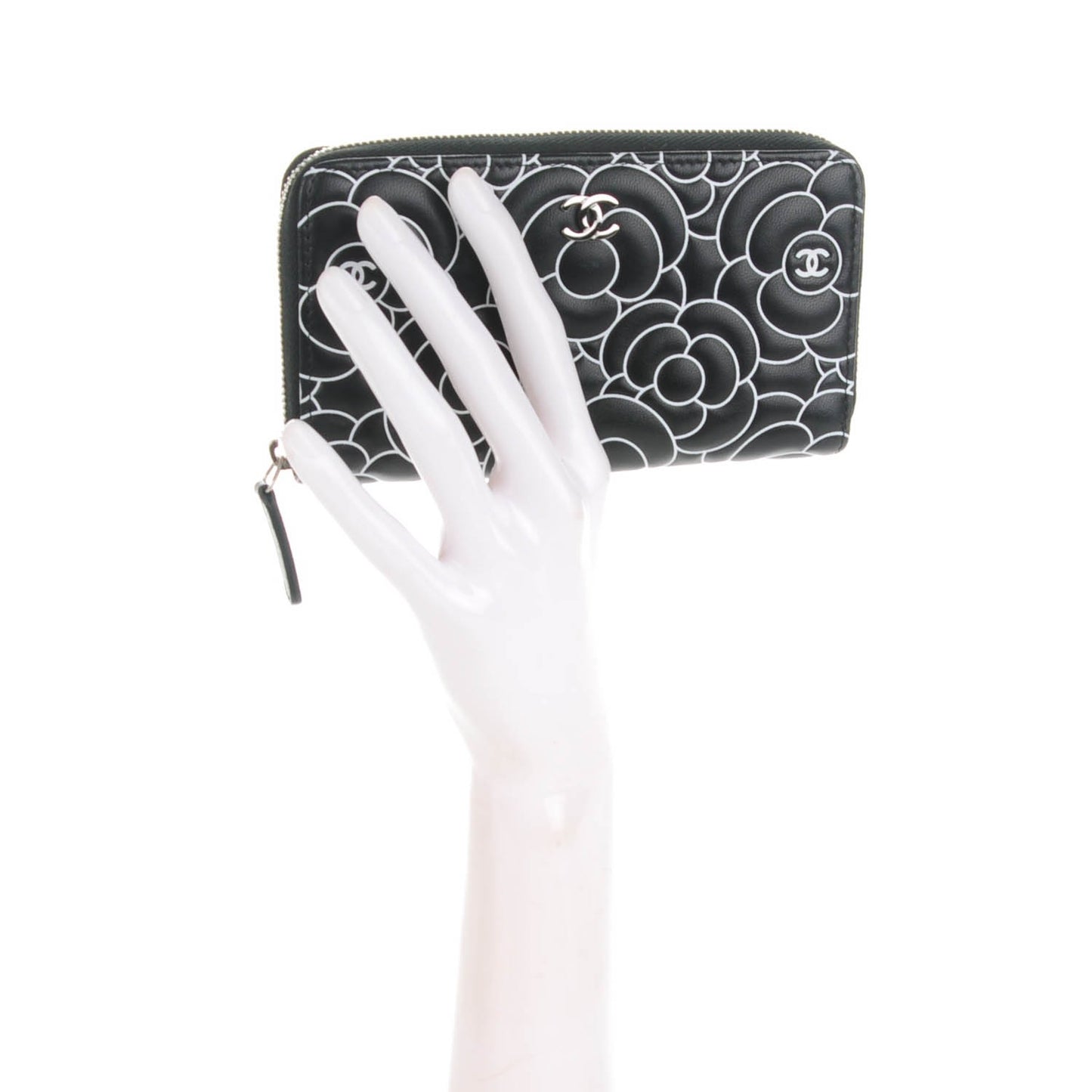Lambskin Camellia Embossed Zip Around Wallet Black
