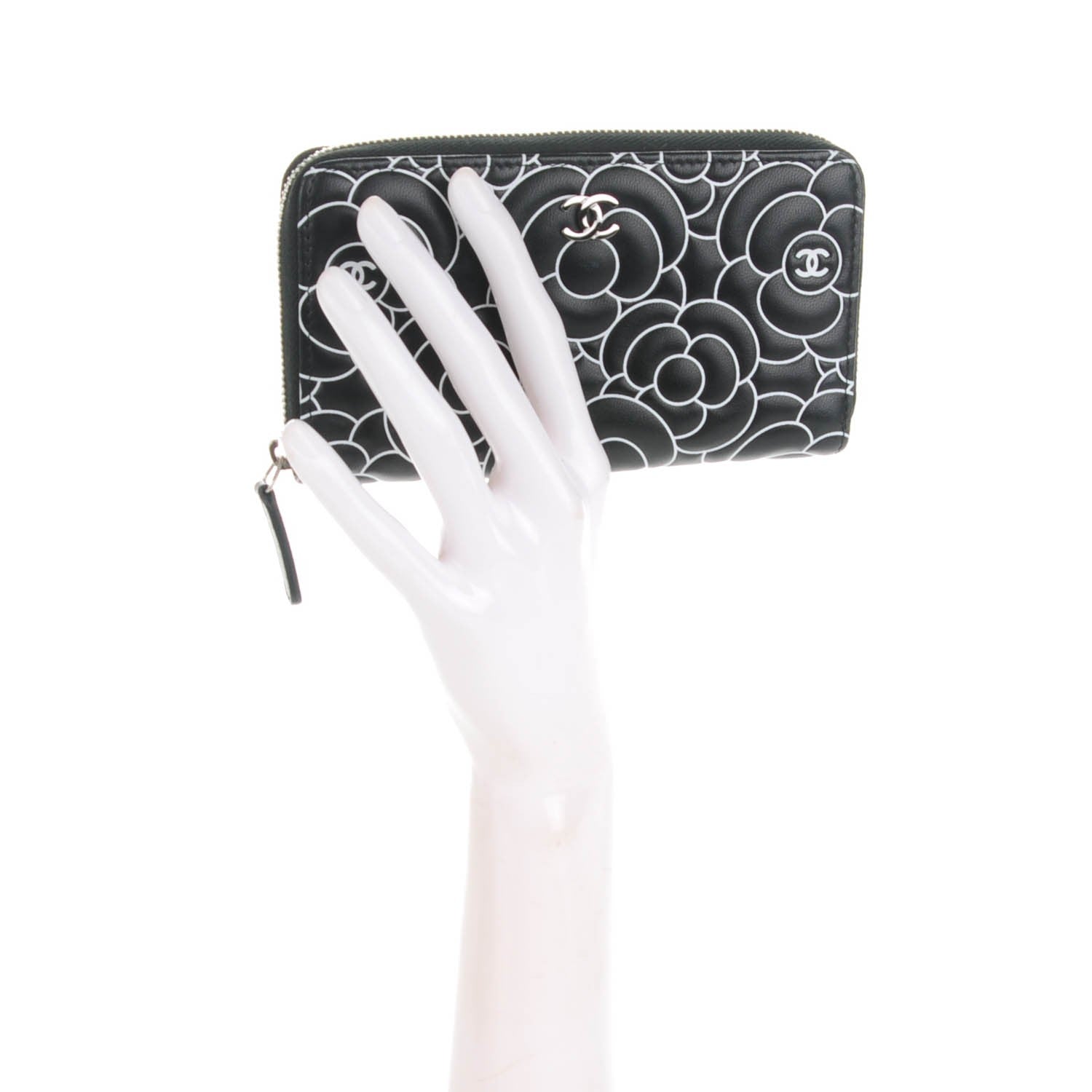 Chanel Lambskin Camellia Embossed Zip Around Wallet Black 2 of 8