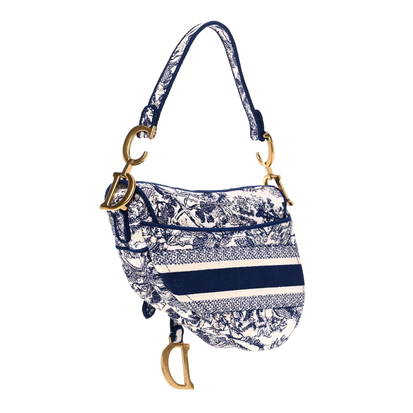 Canvas Embroidered Toile de Jouy Saddle Bag Blue