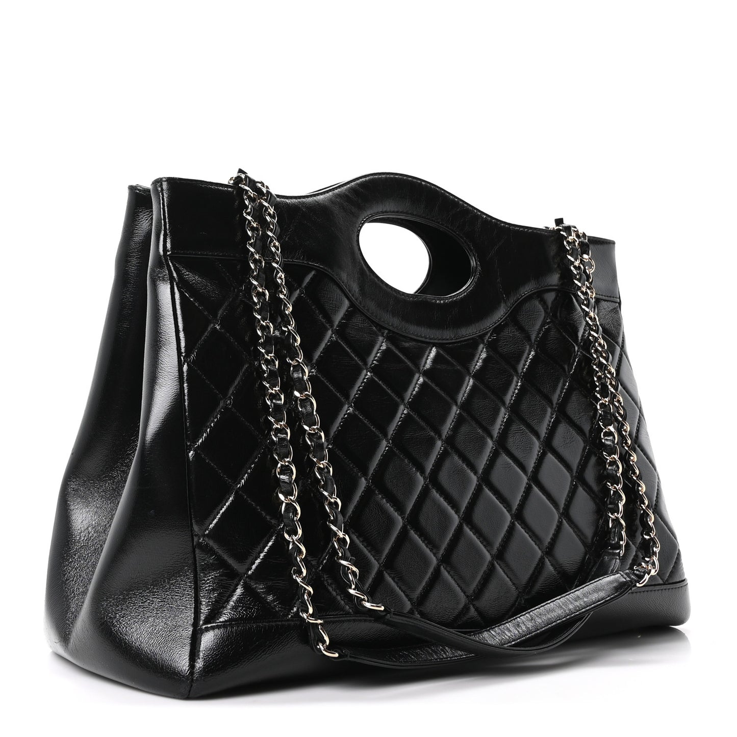 Shiny Aged Calfskin Quilted Large 31 Shopping Bag Black