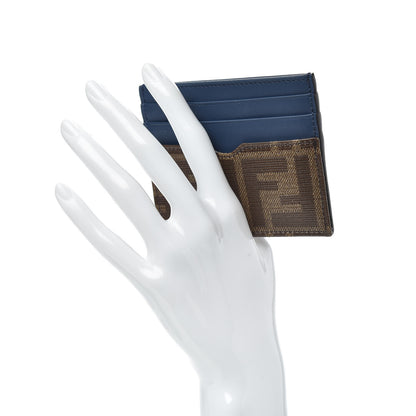 Fendi Vitello Century Glazed Fabric FF 1974 Card Holder Blu Scuro Mogano Panna 2 of 7