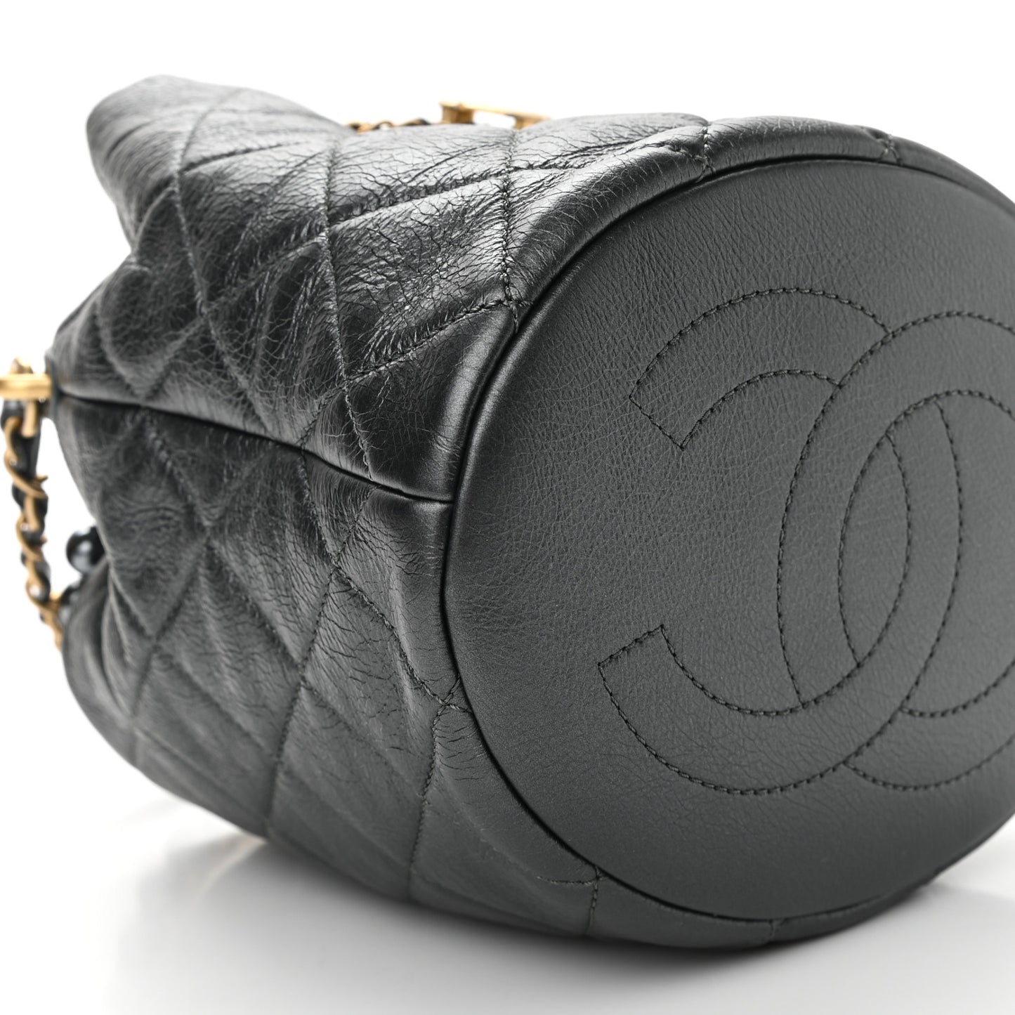 Metallic Lambskin Quilted Pearl Crown Drawstring Bag Anthracite