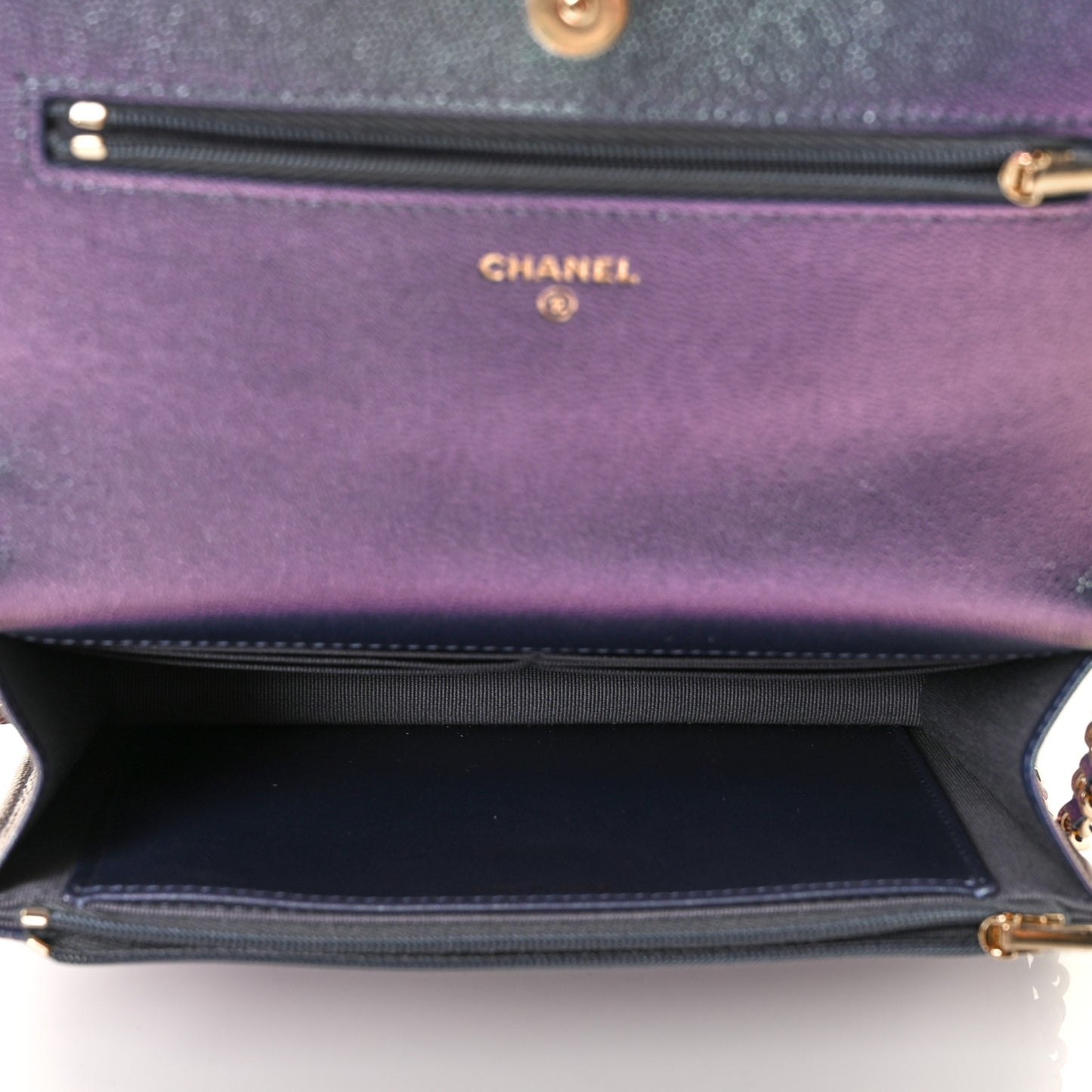 Iridescent Caviar Quilted Wallet On Chain WOC Dark Blue