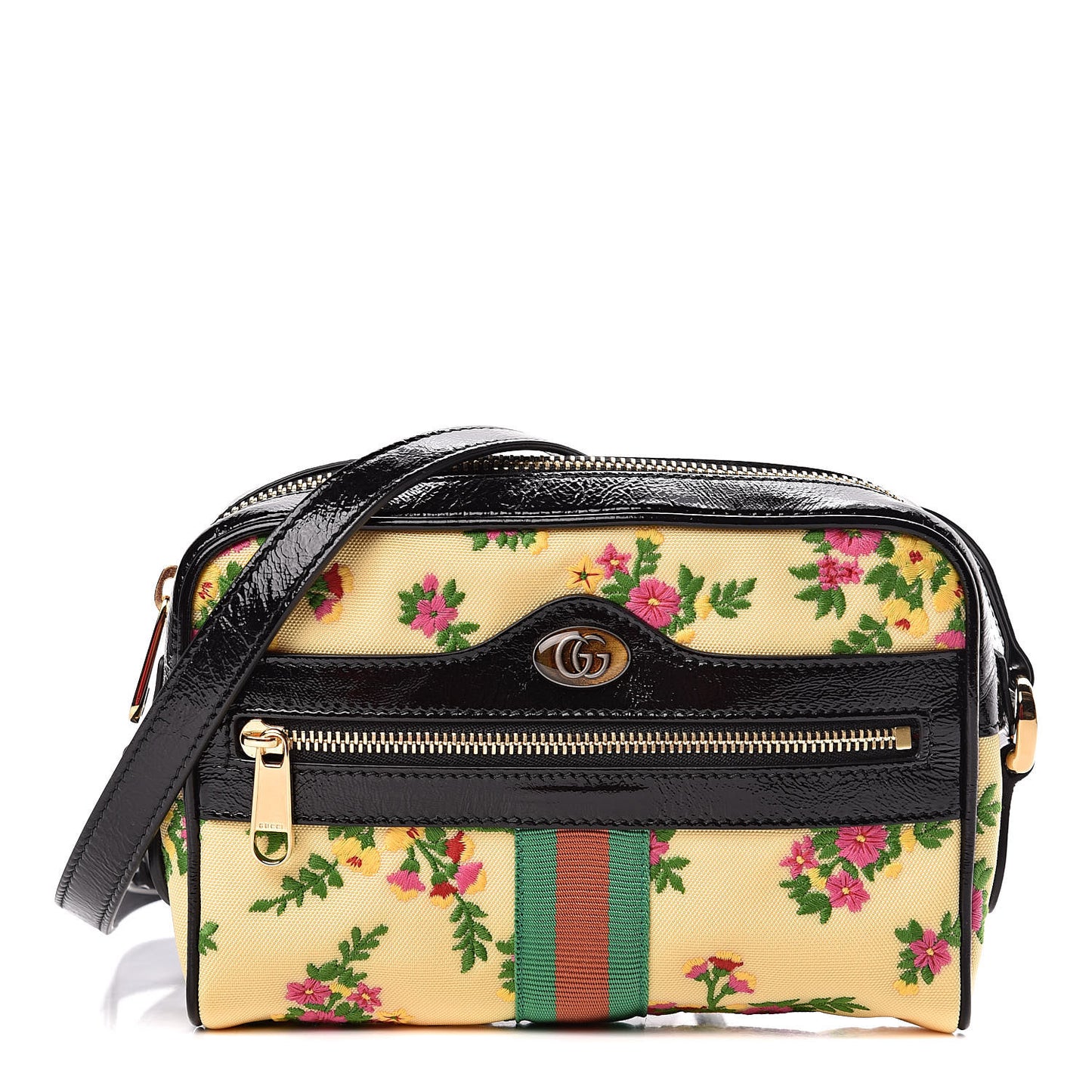 Canvas Patent Web Floral Embroidered Mini Ophidia Shoulder Bag