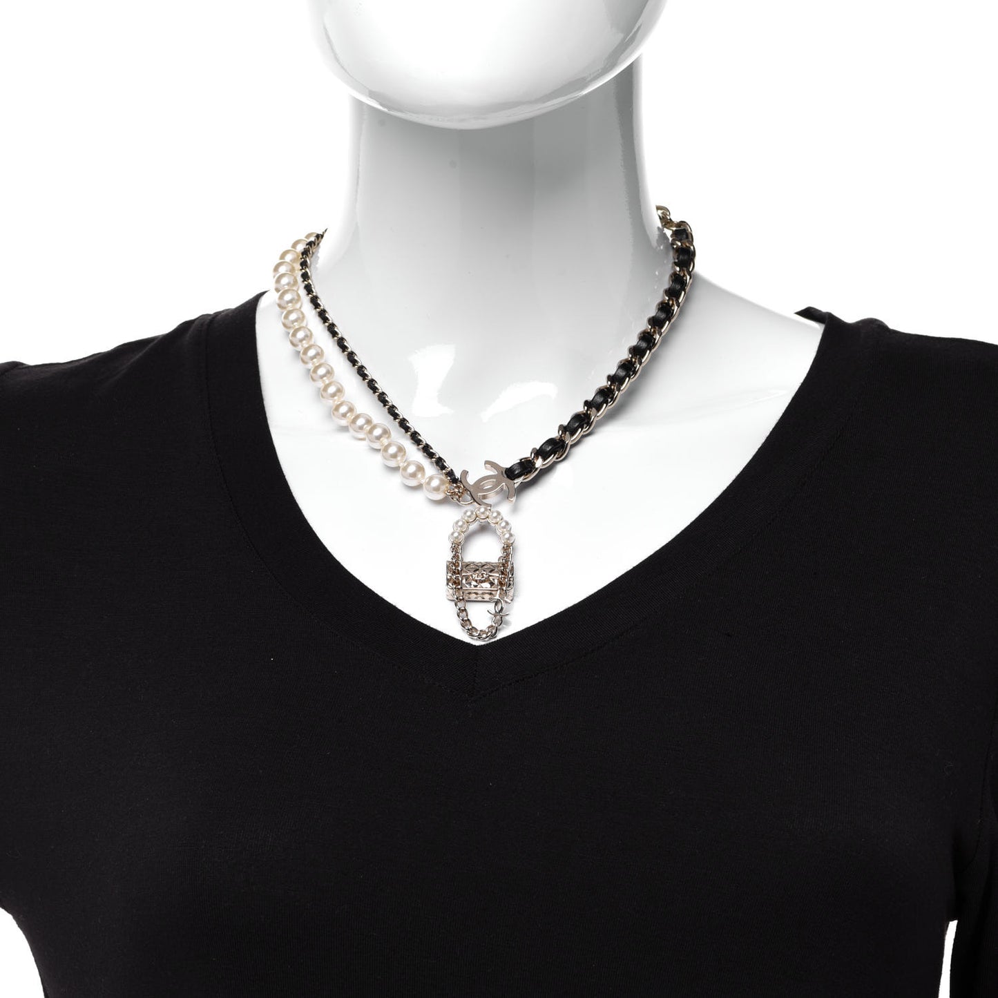 Lambskin Pearl Quilted Flap Necklace Gold Black Pearly White