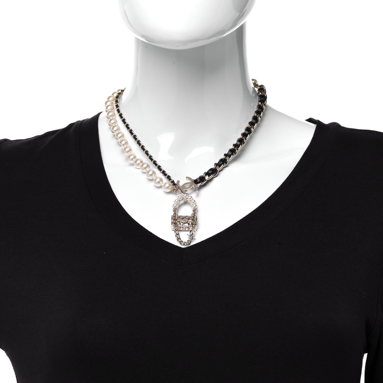 Chanel Lambskin Pearl Quilted Flap Necklace Gold Black Pearly White 2 of 6