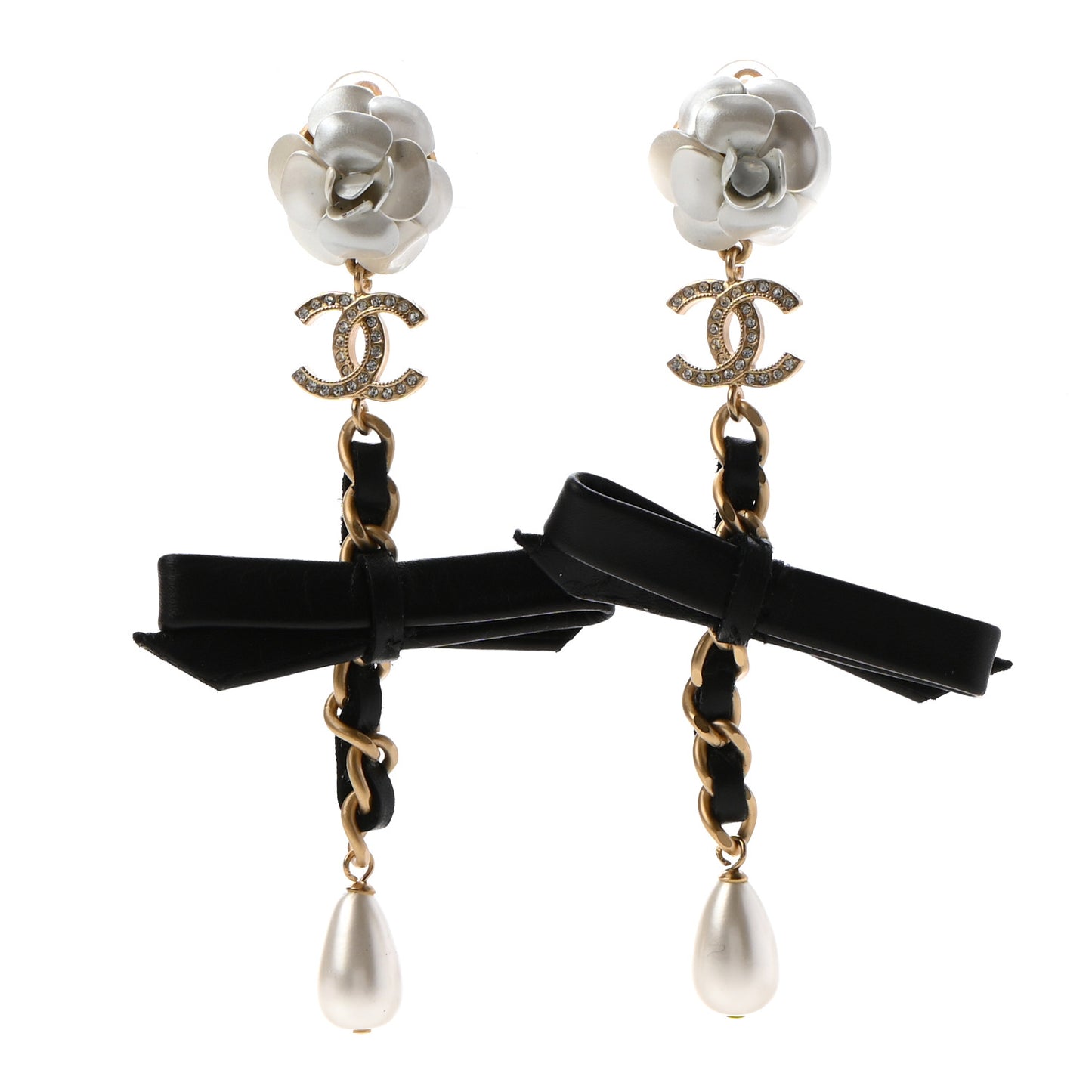 Calfskin Metal Pearl 90’s Camellia CC Drop Earrings Gold Black