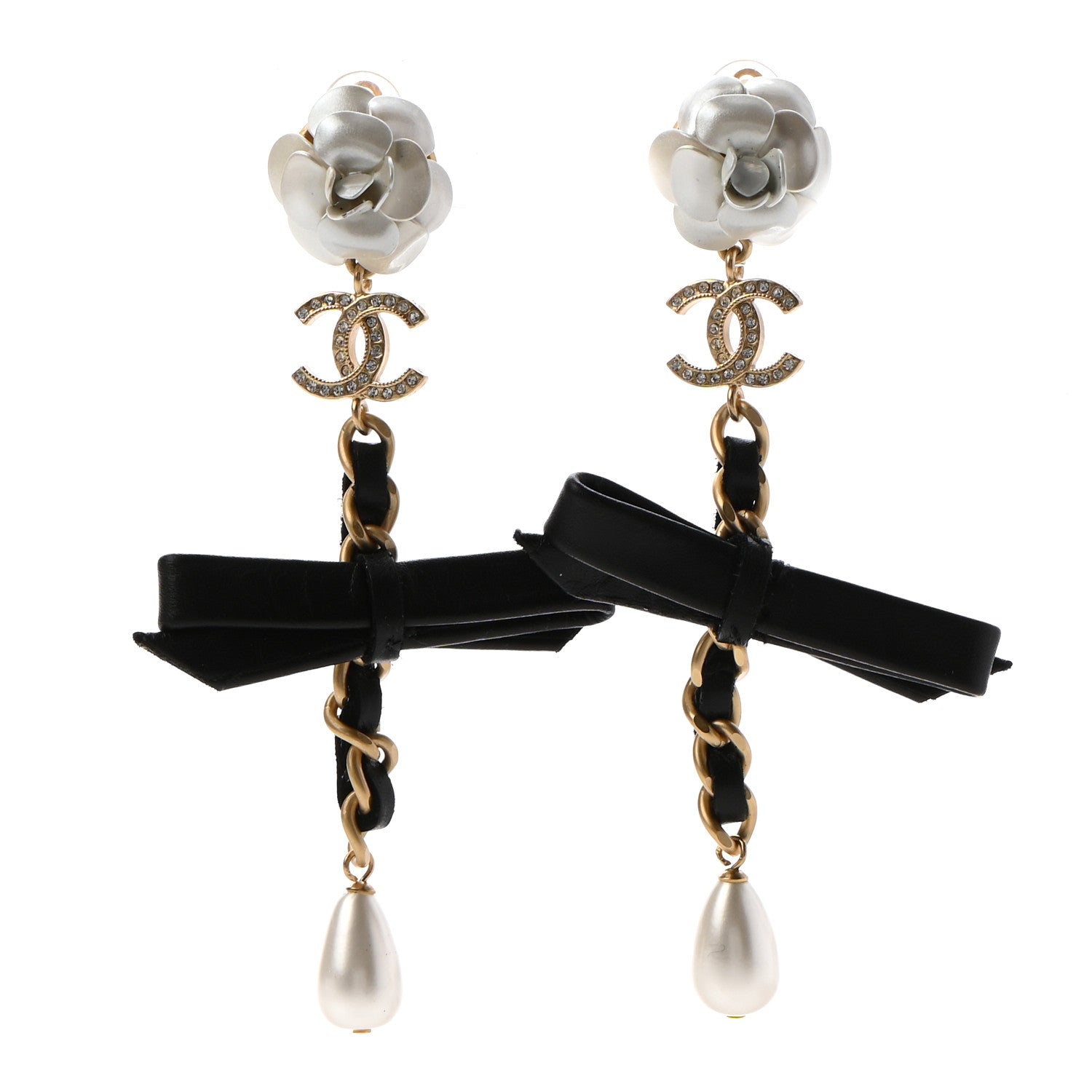 Chanel Calfskin Metal Pearl 90’s Camellia CC Drop Earrings Gold Black 1 of 4