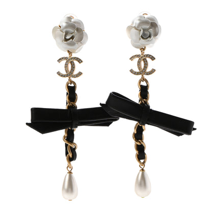 Chanel Calfskin Metal Pearl 90’s Camellia CC Drop Earrings Gold Black 1 of 4