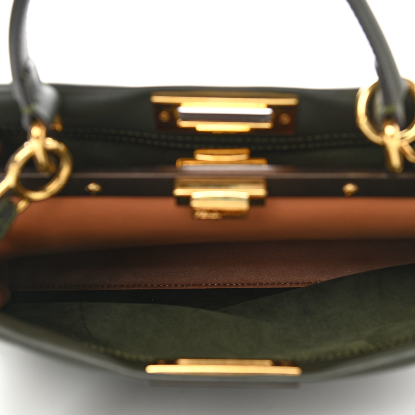 Vitello Seta Shiny Nappa Medium Peekaboo Iconic Satchel Verde Prato Makeup