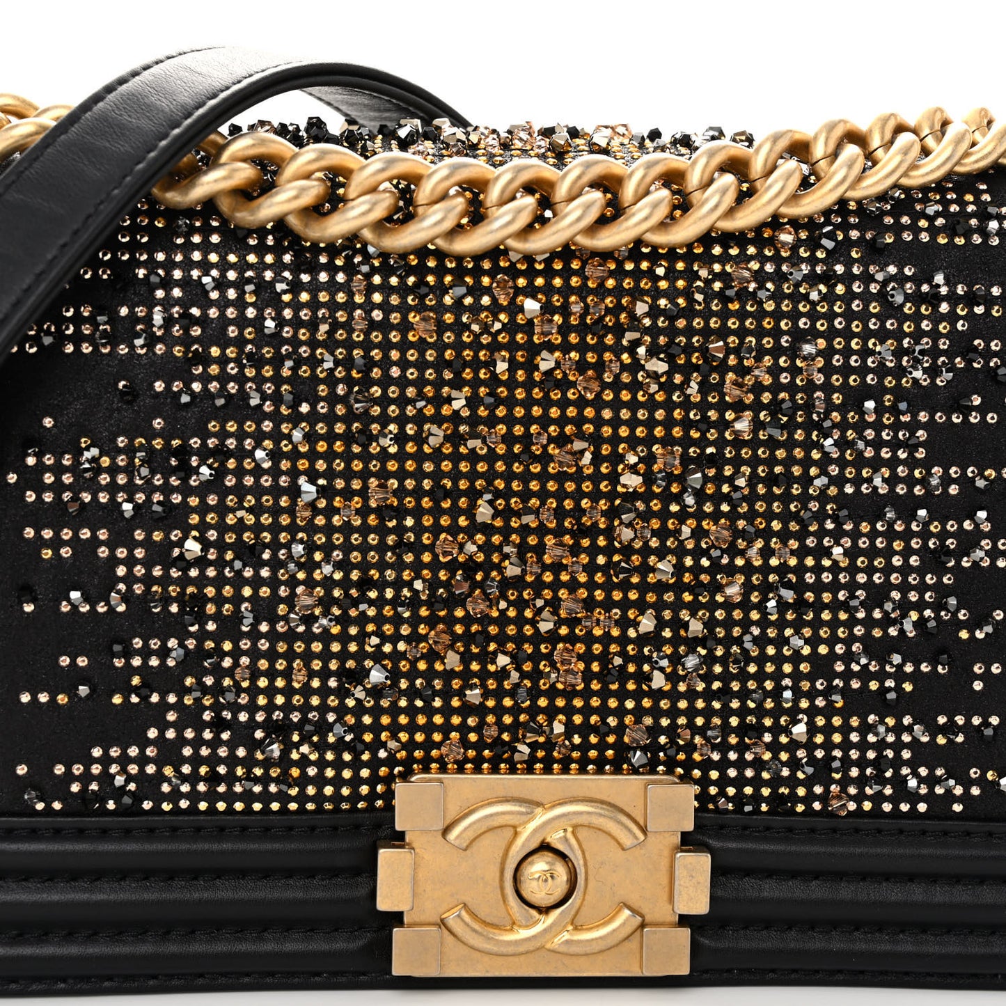 Calfskin Strass Studded Medium Boy Flap Black Gold