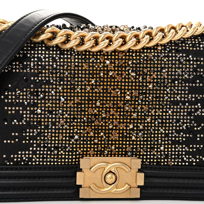 Chanel Calfskin Strass Studded Medium Boy Flap Black Gold 8 of 11