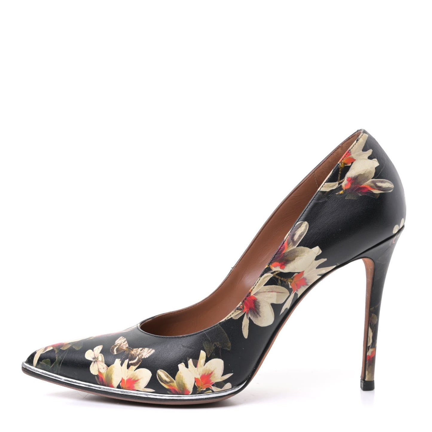 Calfskin Floral Print Pointed Toe Pumps 40 Black Multicolor