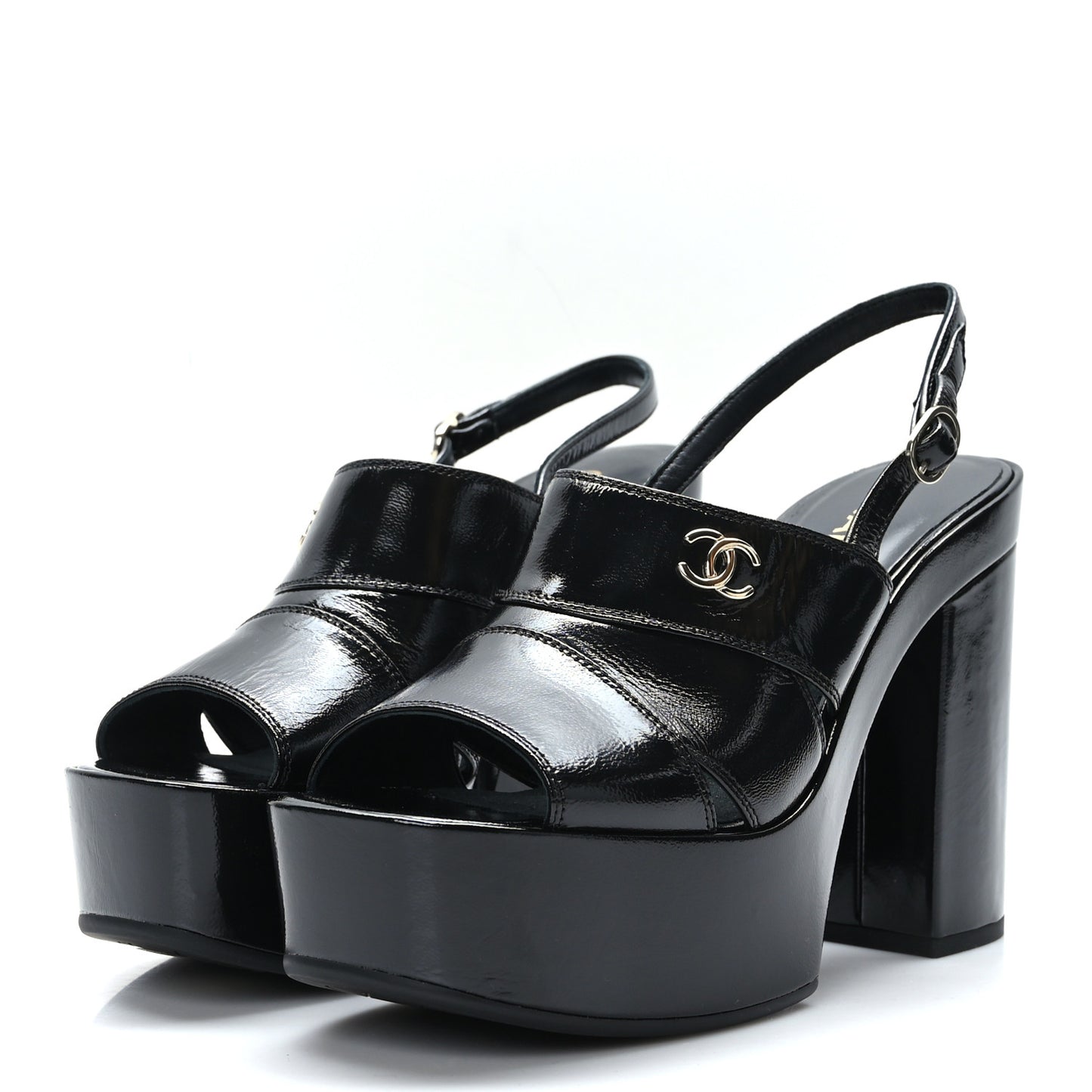 Crumpled Patent Lambskin Platform Sandals 38.5 Black