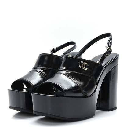 Chanel Crumpled Patent Lambskin Platform Sandals 38.5 Black 3 of 9