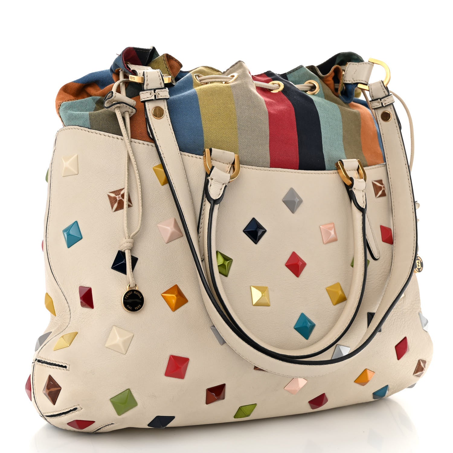 Fendi Calfskin Studded Medium B Fab Drawstring Tote Milk Multicolor 3 of 11