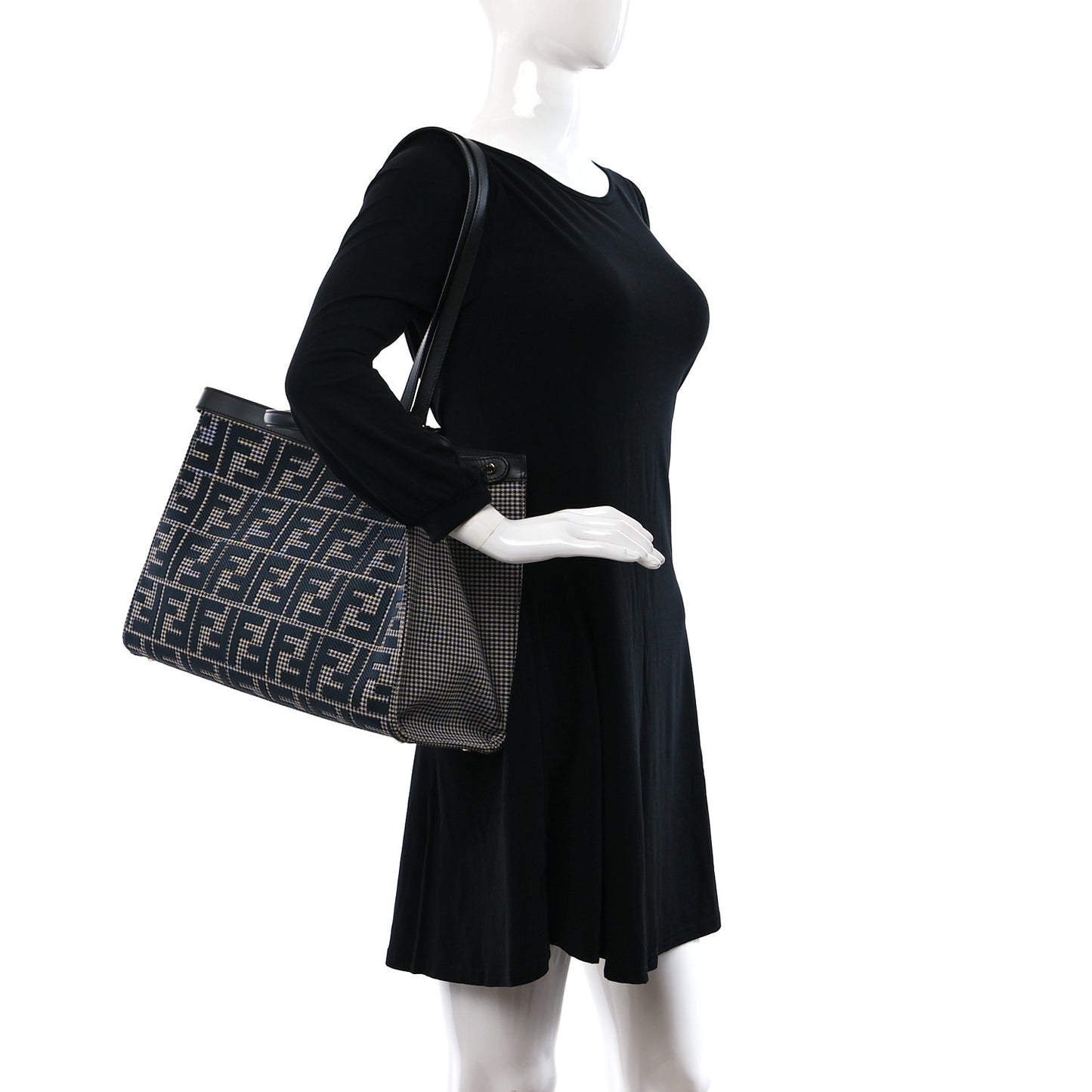 Wool Vitello King Houndstooth FF Embroidered Medium Peekaboo X-Tote Grigio Anthracite