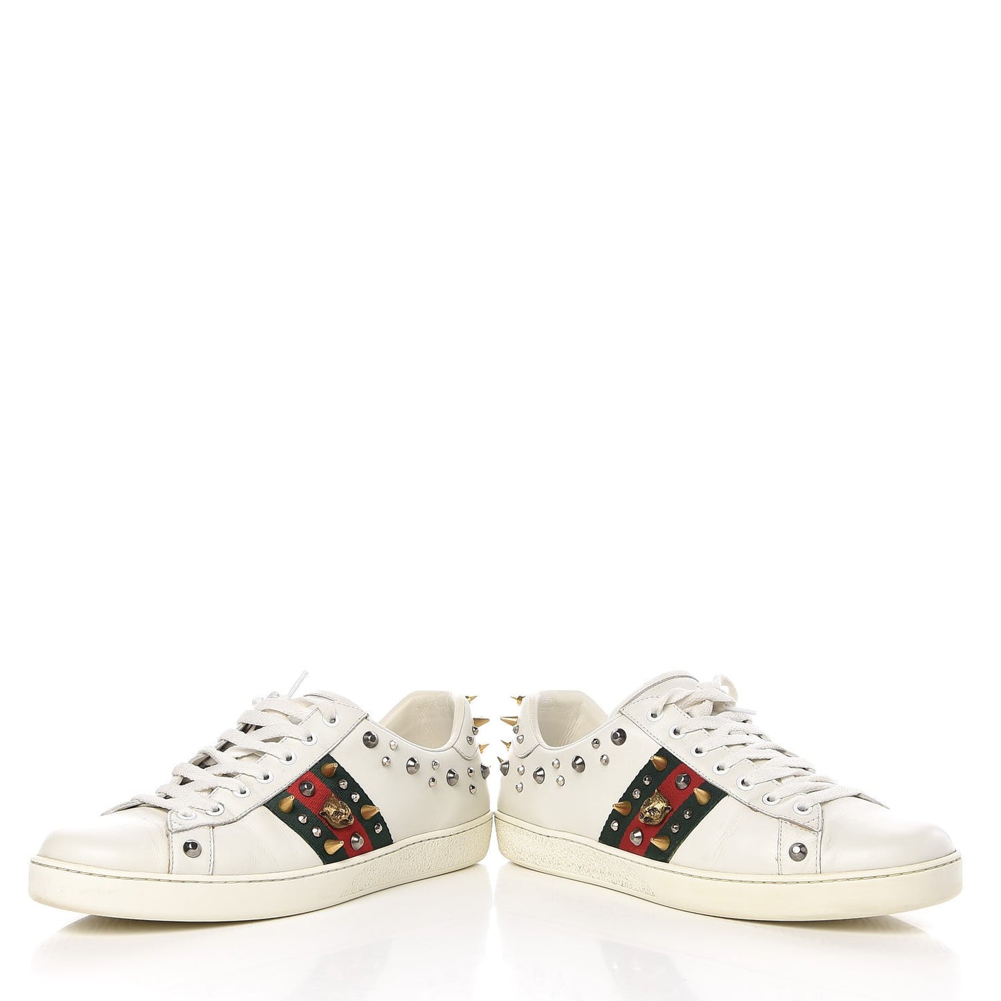 Mens Calfskin Web Studded Ace Sneakers 9 White