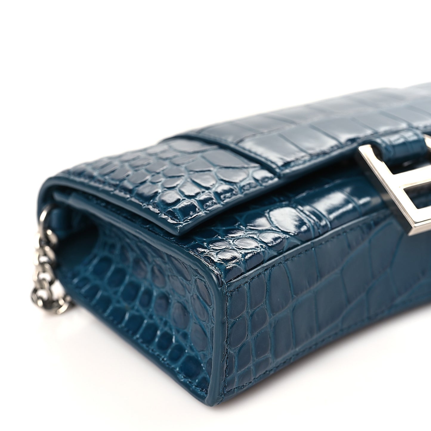 Shiny Calfskin Crocodile Embossed Hourglass Chain Bag Dark Petrol Blue