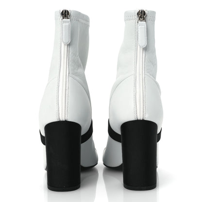 Chanel Stretch Lambskin Patent Calfskin Pearl CC Bow Cap Toe Short Boots 37 White Black 6 of 11