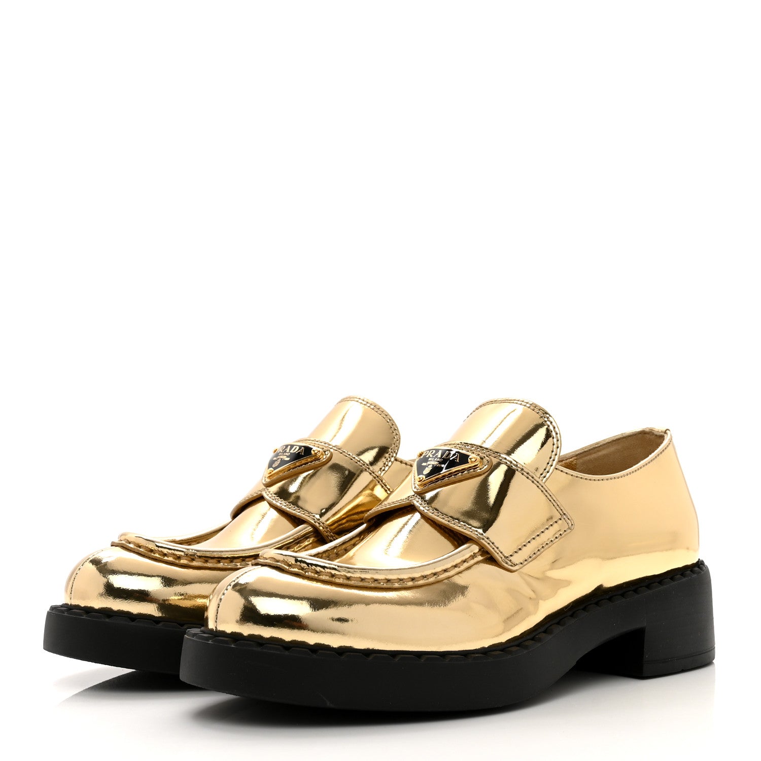 Prada Metallic Brushed Calfskin Metal Triangle Logo 50mm Loafers 36.5 Platino 3 of 9