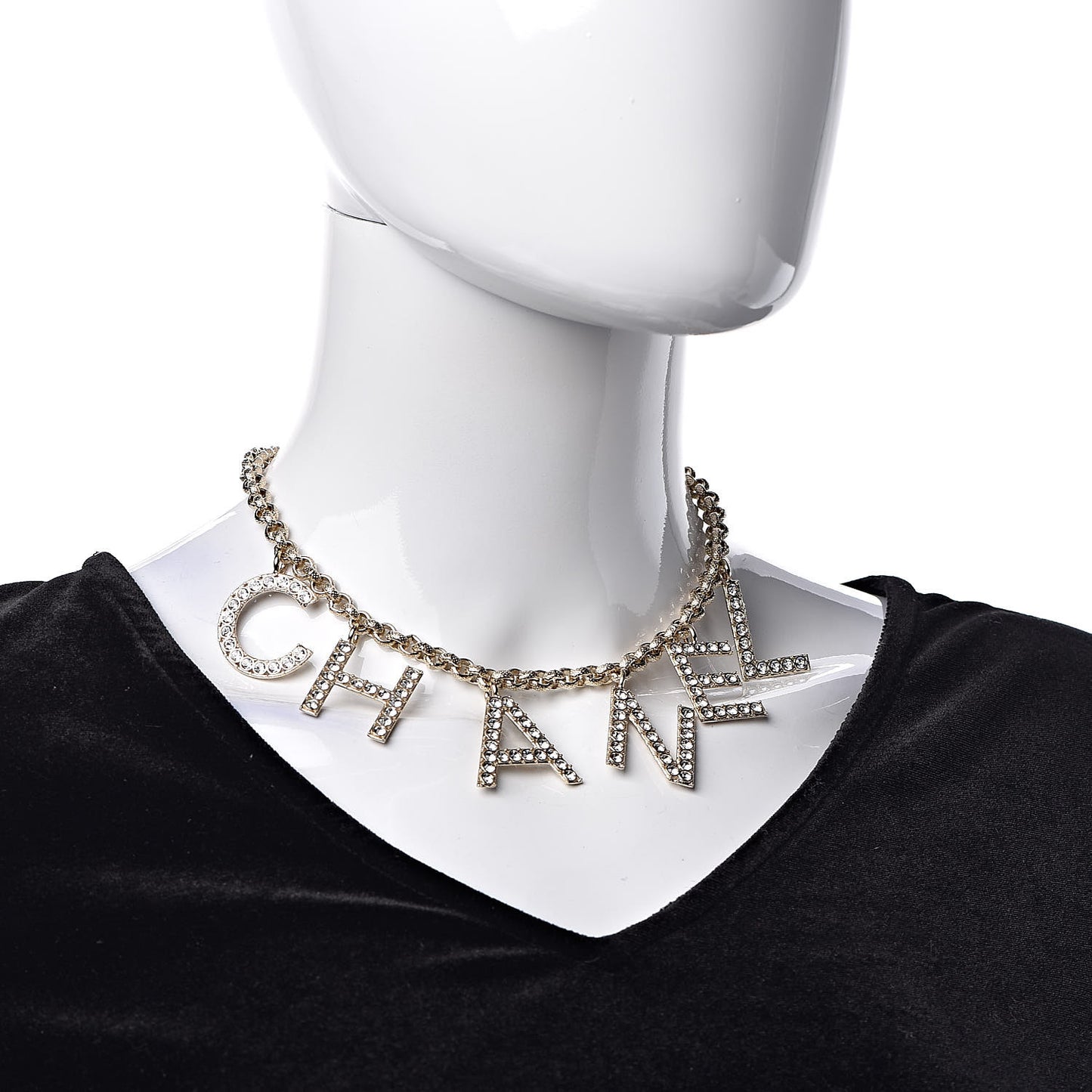 Metal Crystal Cha-Nel Logo Necklace Gold