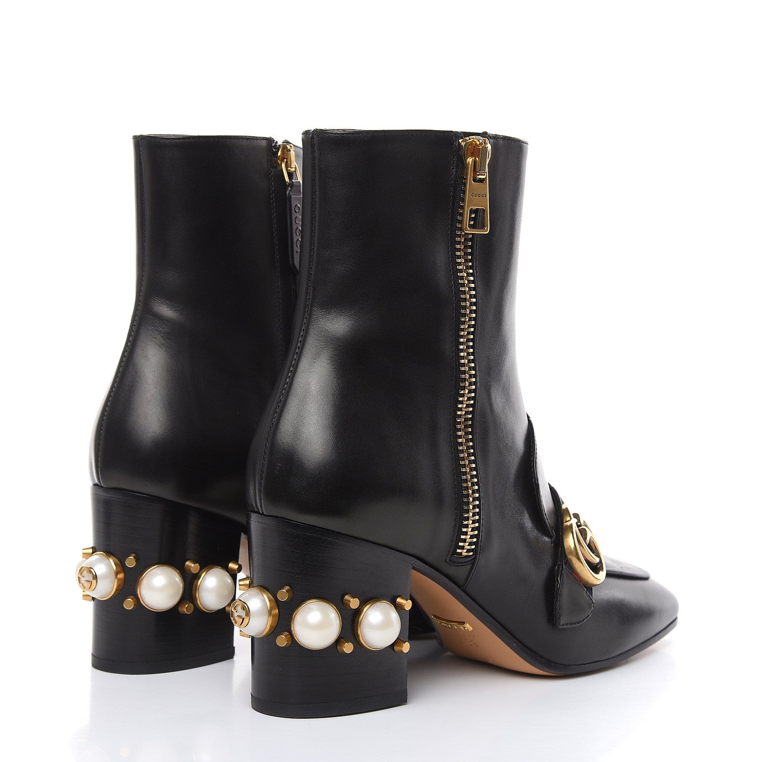 Gucci Betis Glamour Calfskin Web Pearl Embellished Peyton 75mm Ankle Boots 39 Black 4 of 11