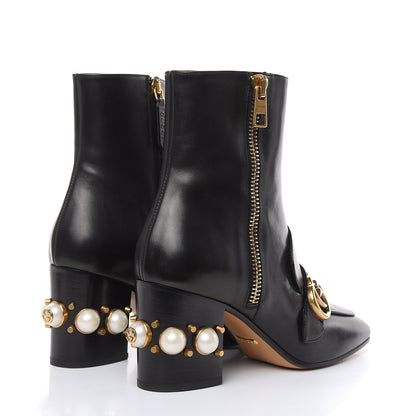 Gucci Betis Glamour Calfskin Web Pearl Embellished Peyton 75mm Ankle Boots 39 Black 4 of 11