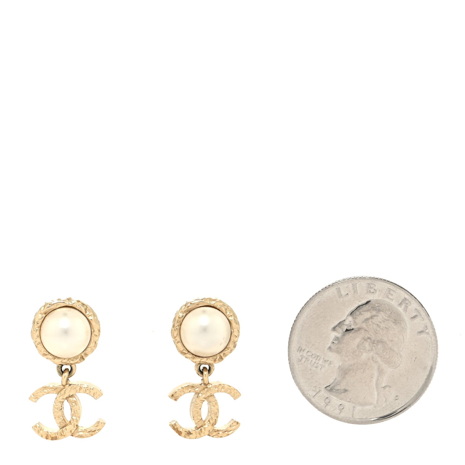 Chanel Pearl Hammered CC Drop Earrings Gold Pearly White 2 of 4