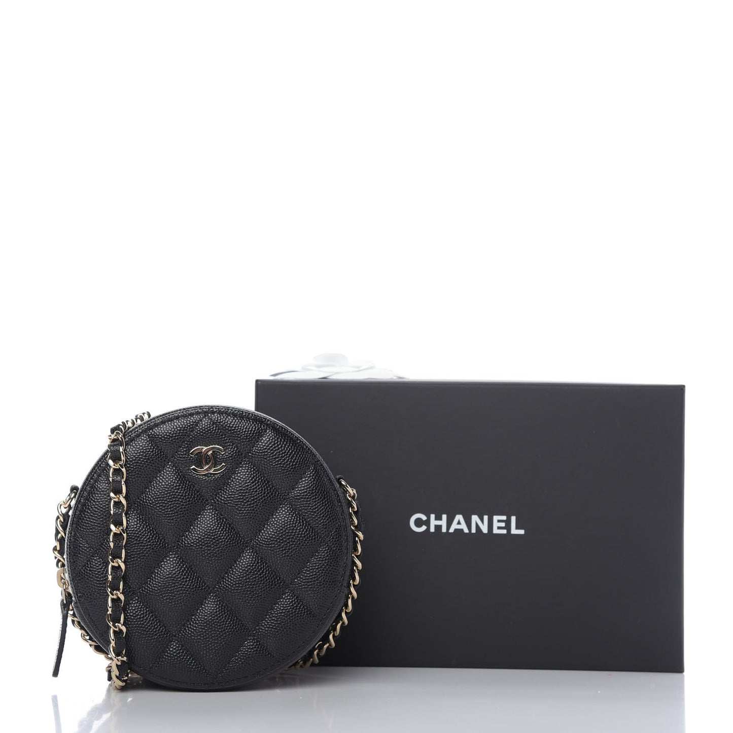 Caviar Quilted Round Clutch With Chain Black