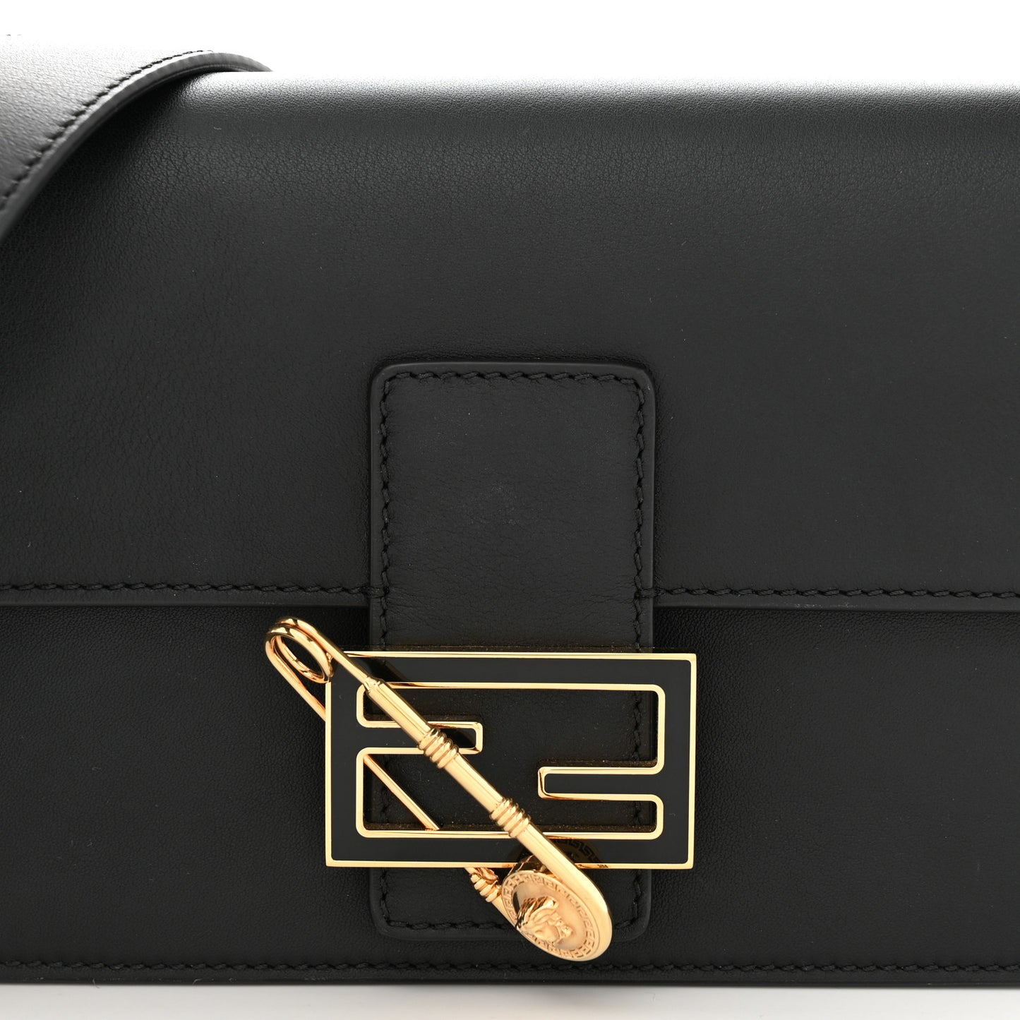 X VERSACE Vitello Seta Fendace Brooch Baguette Black