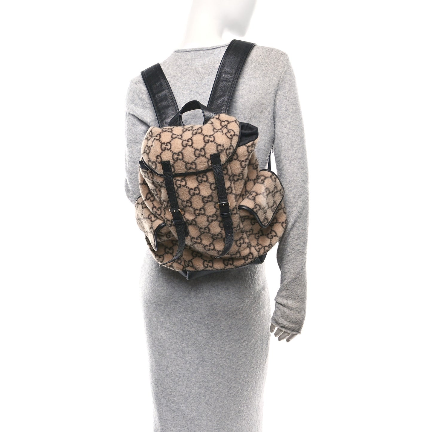 Covered Wool GG Monogram Large Double Buckle Backpack Beige Ebony Black