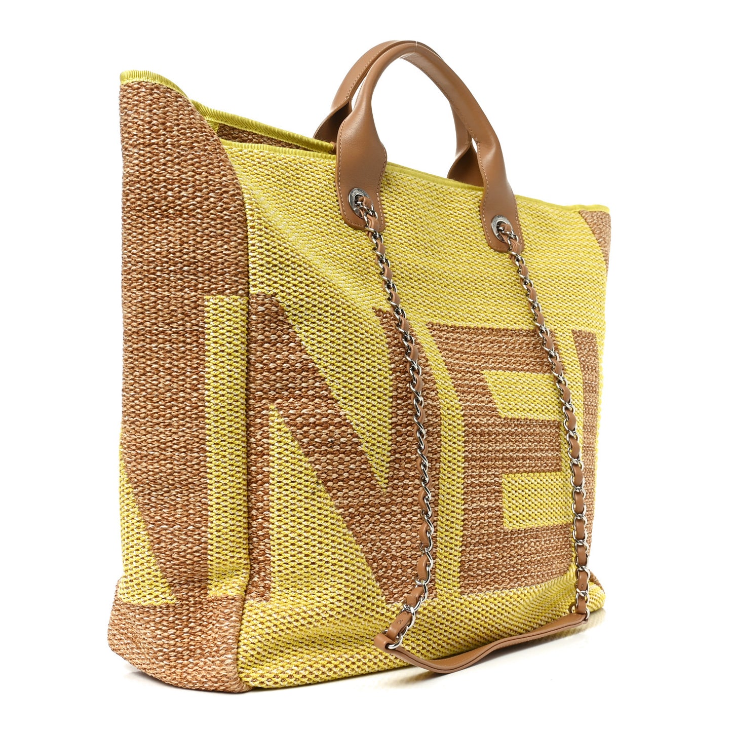 Mixed Fibers Large Shopping Bag Yellow Brown