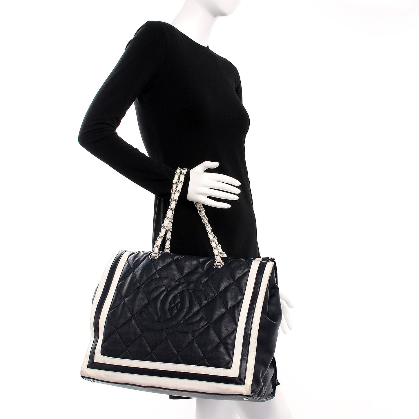 Lambskin Quilted Lido Shopping Tote Dark Navy Blue