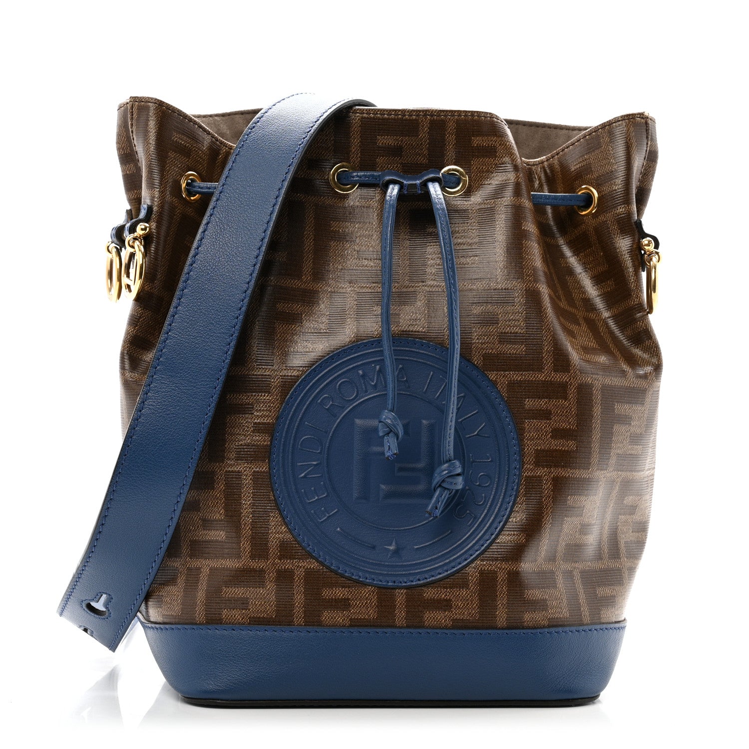Fendi Glazed Fabric Vitello Grace F is Fendi FF 1974 Stamp Patch Grande Mon Tresor Bucket Bag Mogano Panna Iris 1 of 14