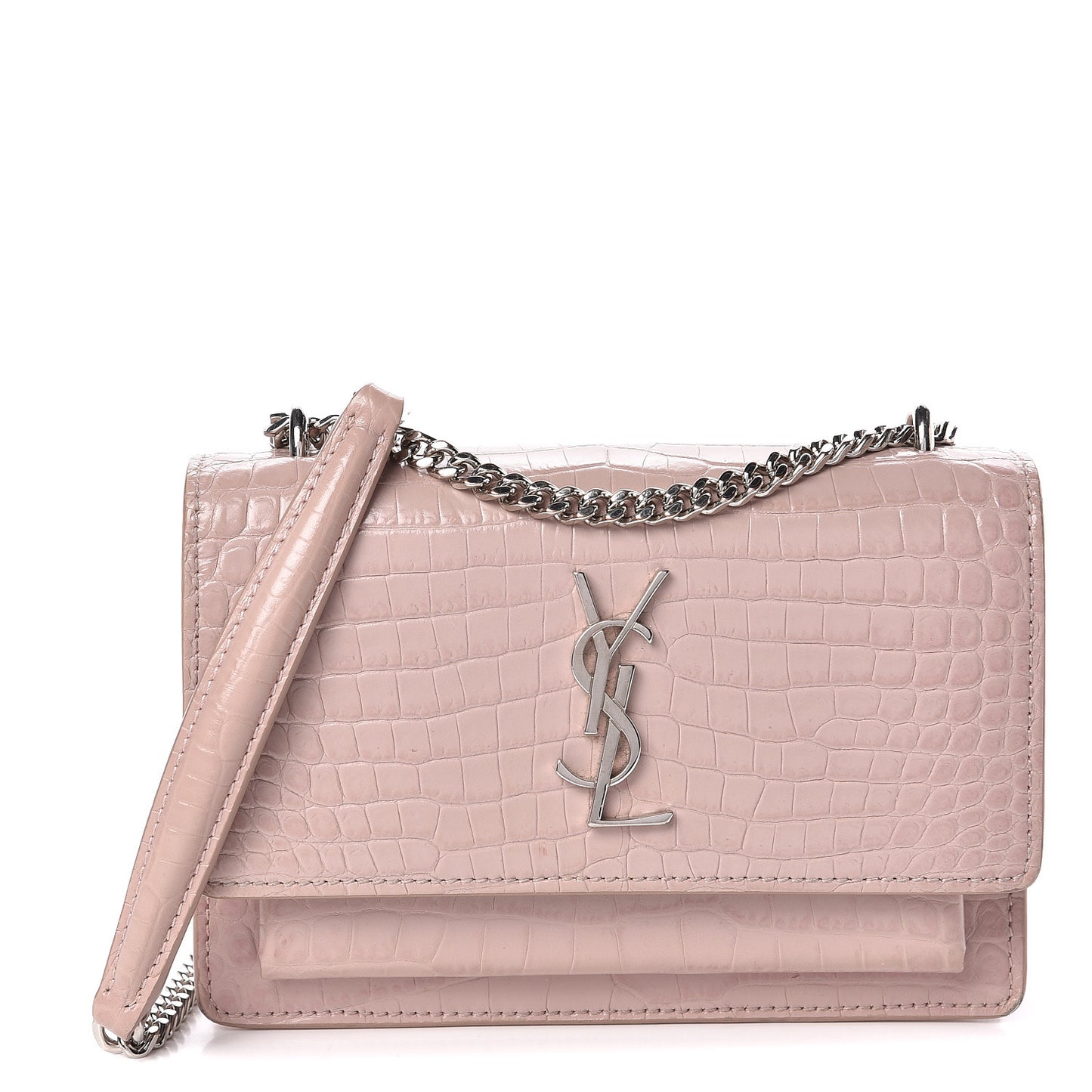 Calfskin Crocodile Embossed Monogram Sunset Chain Wallet Soft Nude