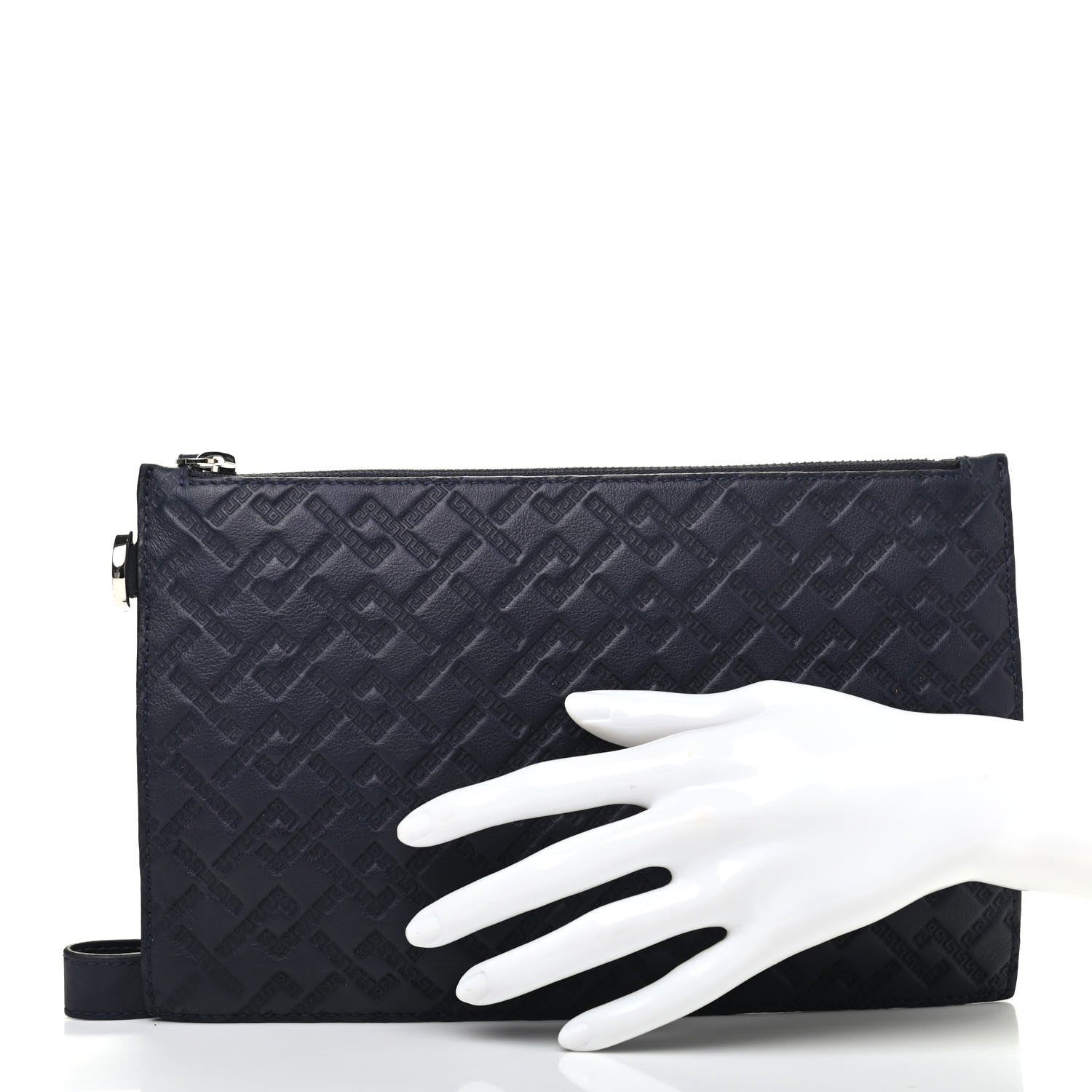 Versace Calfskin Greca Argyle Embossed Wristlet Pouch Navy 2 of 6