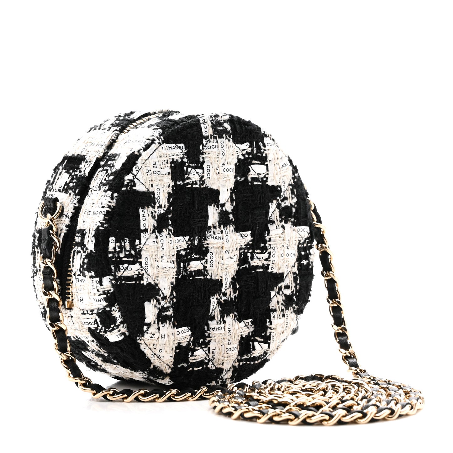 Tweed Quilted Round Clutch With Chain Black Ecru White