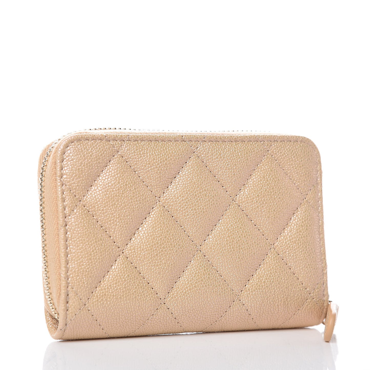 Iridescent Caviar Quilted Zip Around Coin Purse Beige