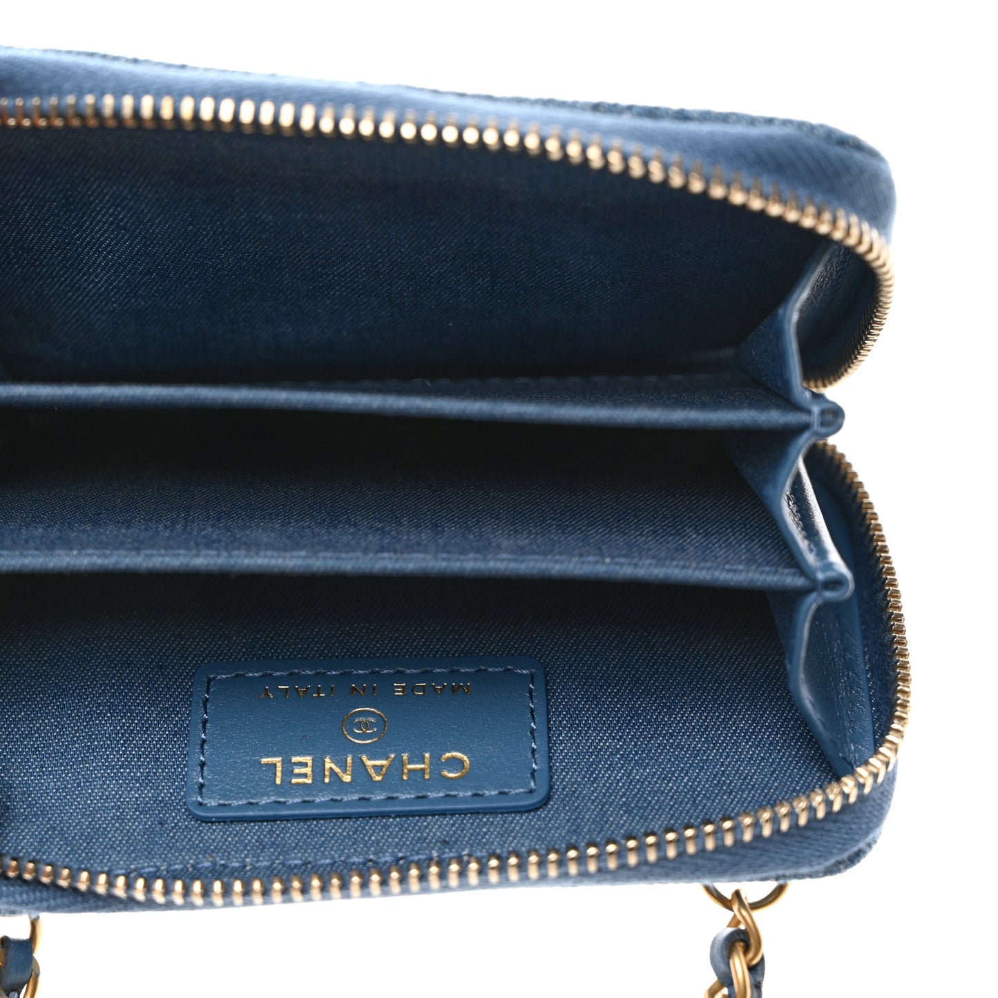 Denim Quilted CC Pearl Crush Zip Card Holder On Chain Blue