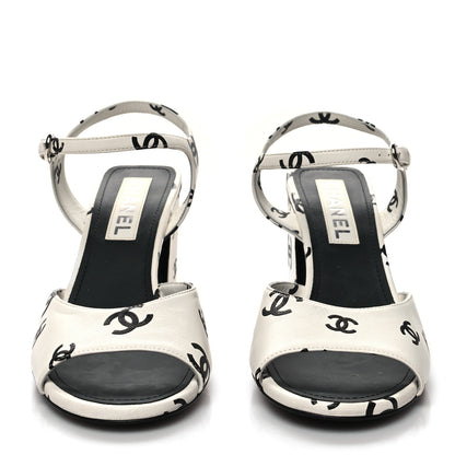 Chanel Printed Lambskin CC Sandals 39.5 White Black 2 of 9