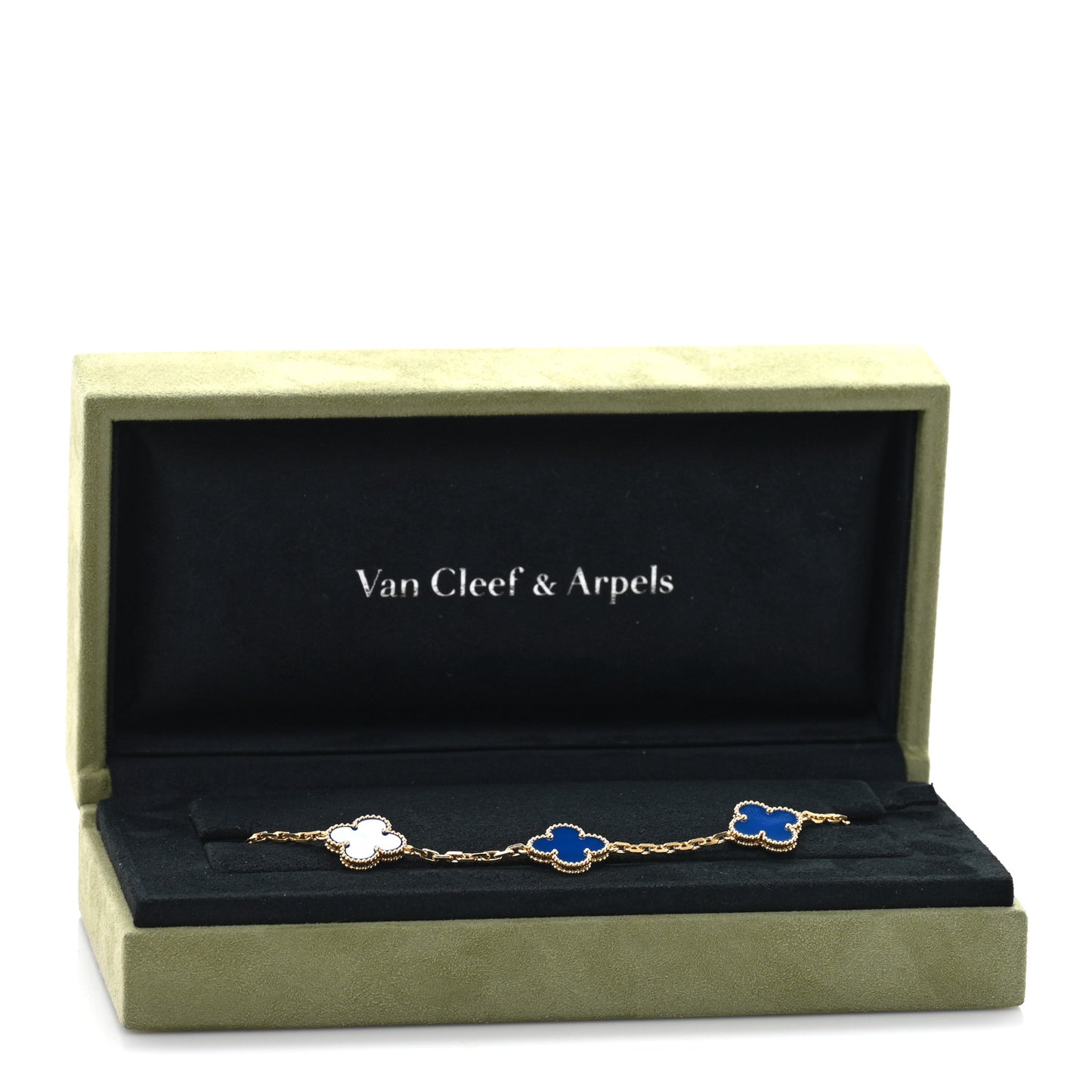 18K Yellow Gold Blue Agate 5 Motifs Vintage Alhambra Bracelet