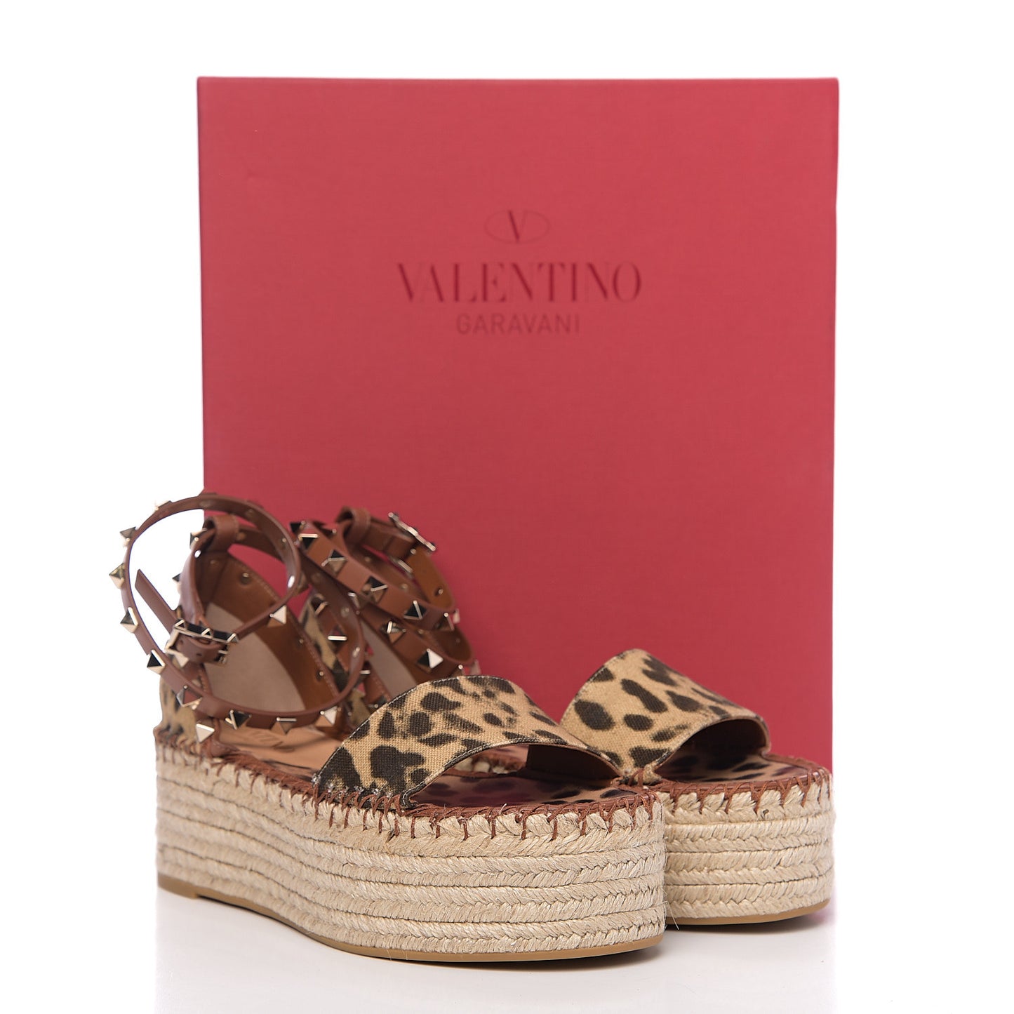 Canvas Leopard Print Rockstud Ankle Wrap Espadrille Flatform Sandals 35 Brown