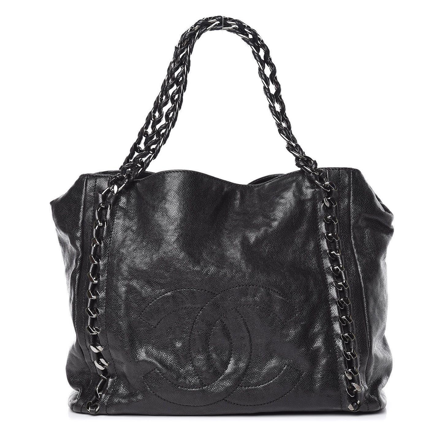 Glazed Calfskin Large Modern Chain Tote Black