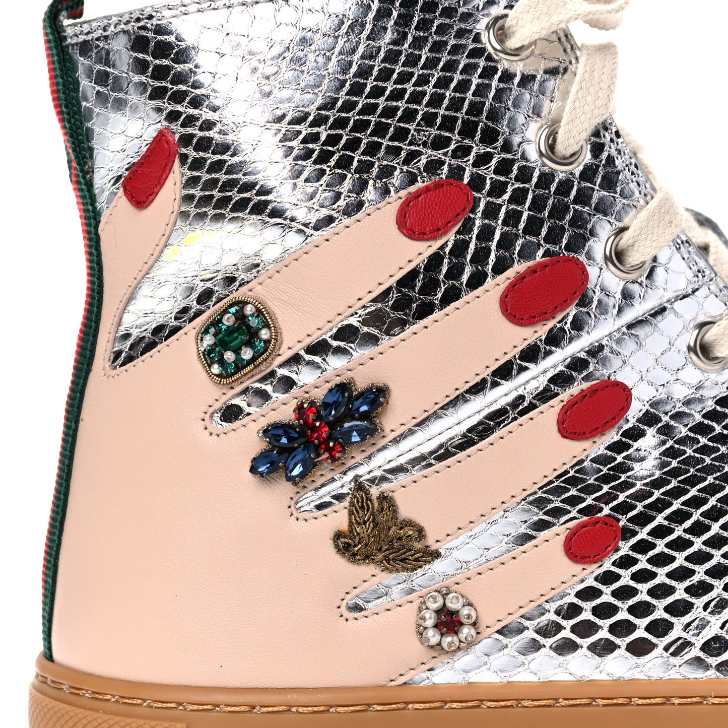 Calfskin Snake Embossed Embellished High Top Sneakers 41 Silver
