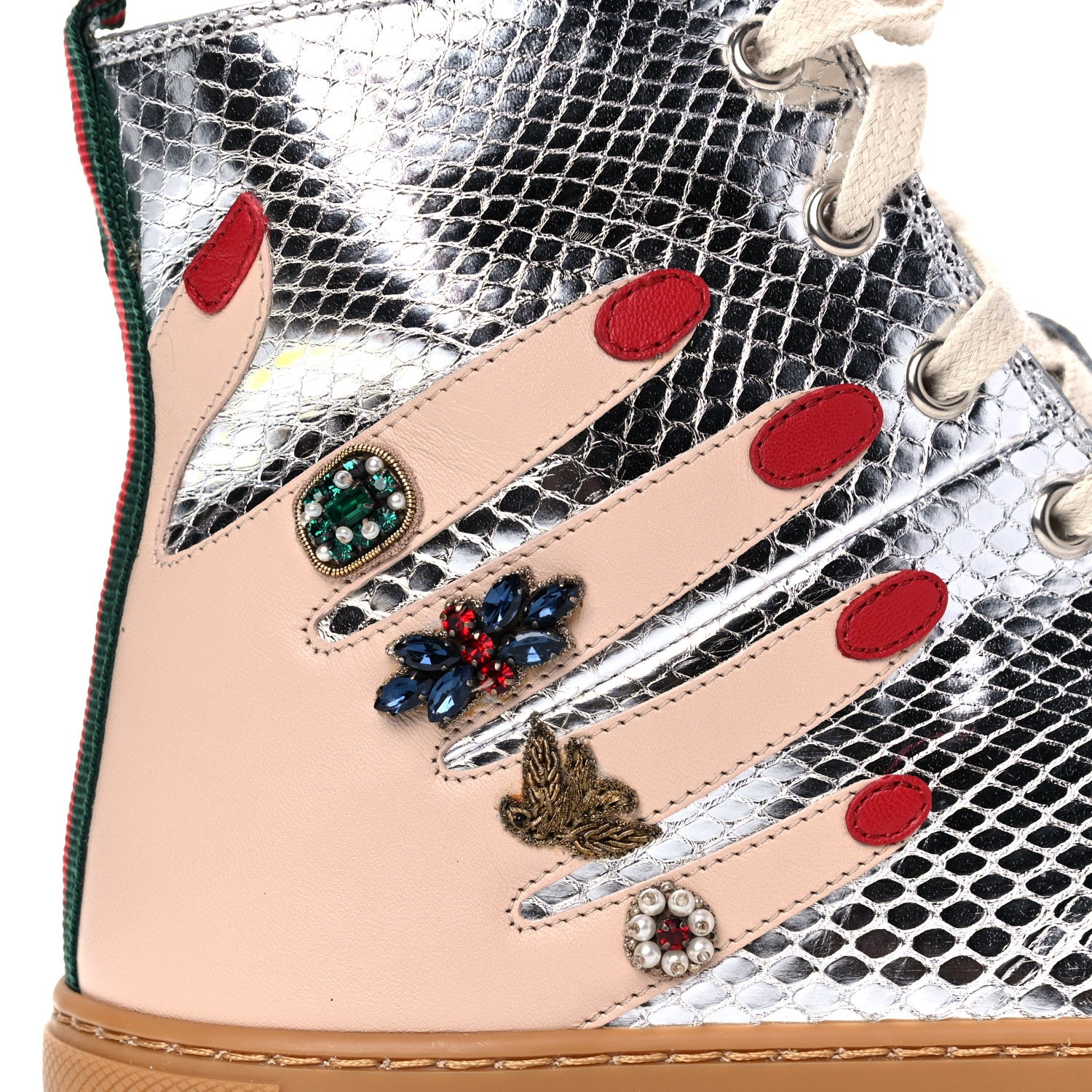 Gucci Calfskin Snake Embossed Embellished High Top Sneakers 41 Silver 11 of 12