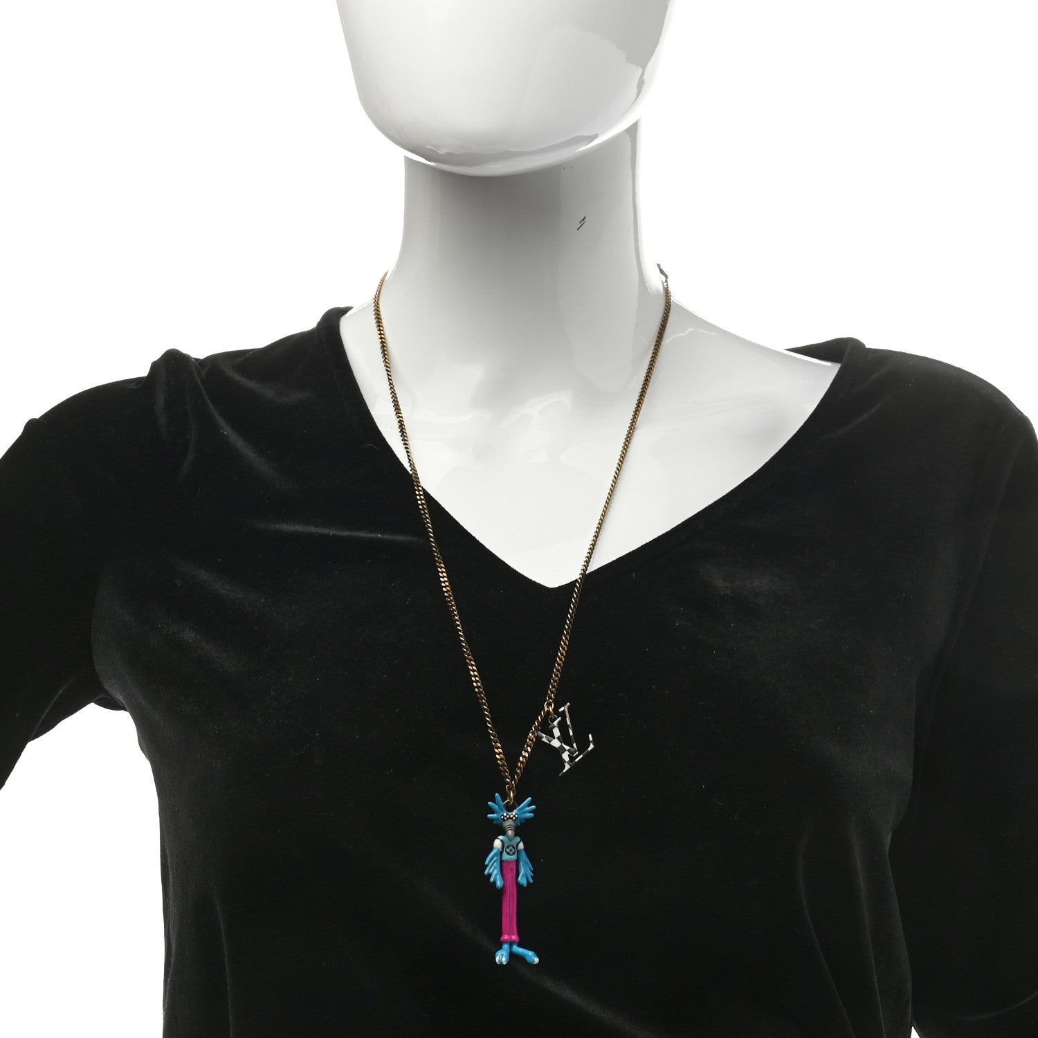 Louis Vuitton Lacquered Metal LV Friends Pendant Necklace Aged Gold Blue Pink 2 of 7